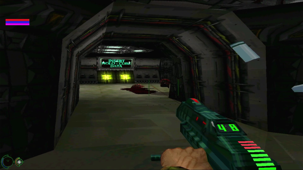 Corridor to a display with a message "Insert Holo-cube data"