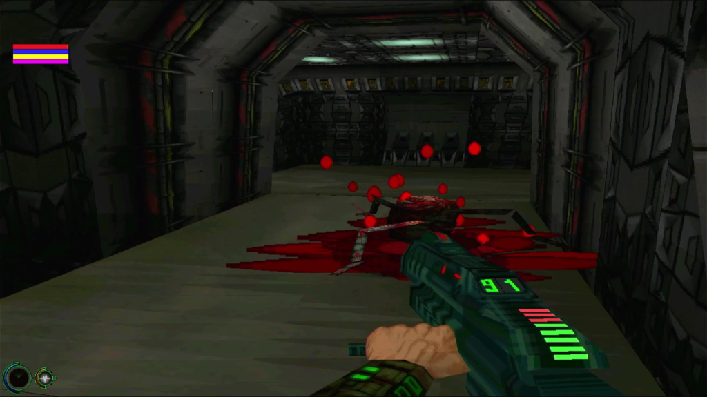 Head in the middle of a corridor with 3 legs attached to it. It rotates and spills blood all around.