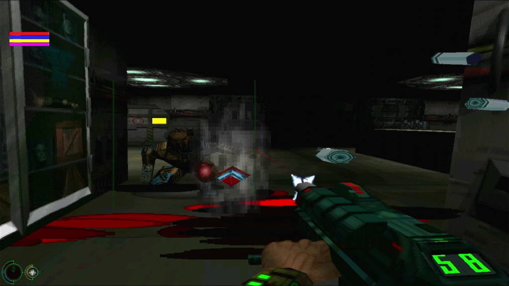 Enemy in a shooting position (like seating on a toilet) send a rocket into a player's face. Some ugly effects are going around.