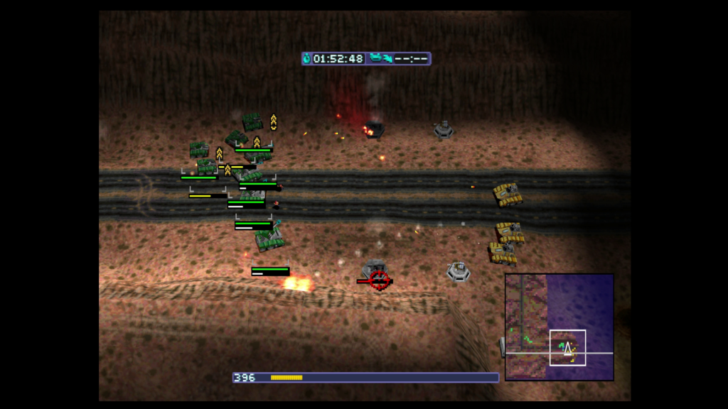 Screenshot from Warzone 2100 PSX. On the left side are player's tanks, on the right side is enemy's artilery. Player wins.