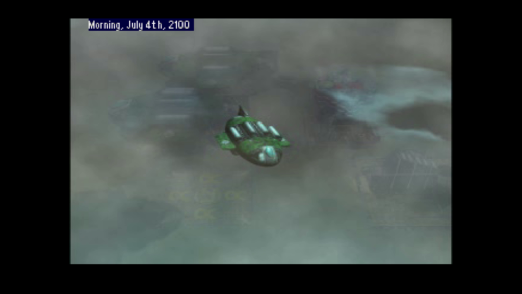 Transporter flies above the scorched earth. Screenshot from Warzone 2100 PSX game.