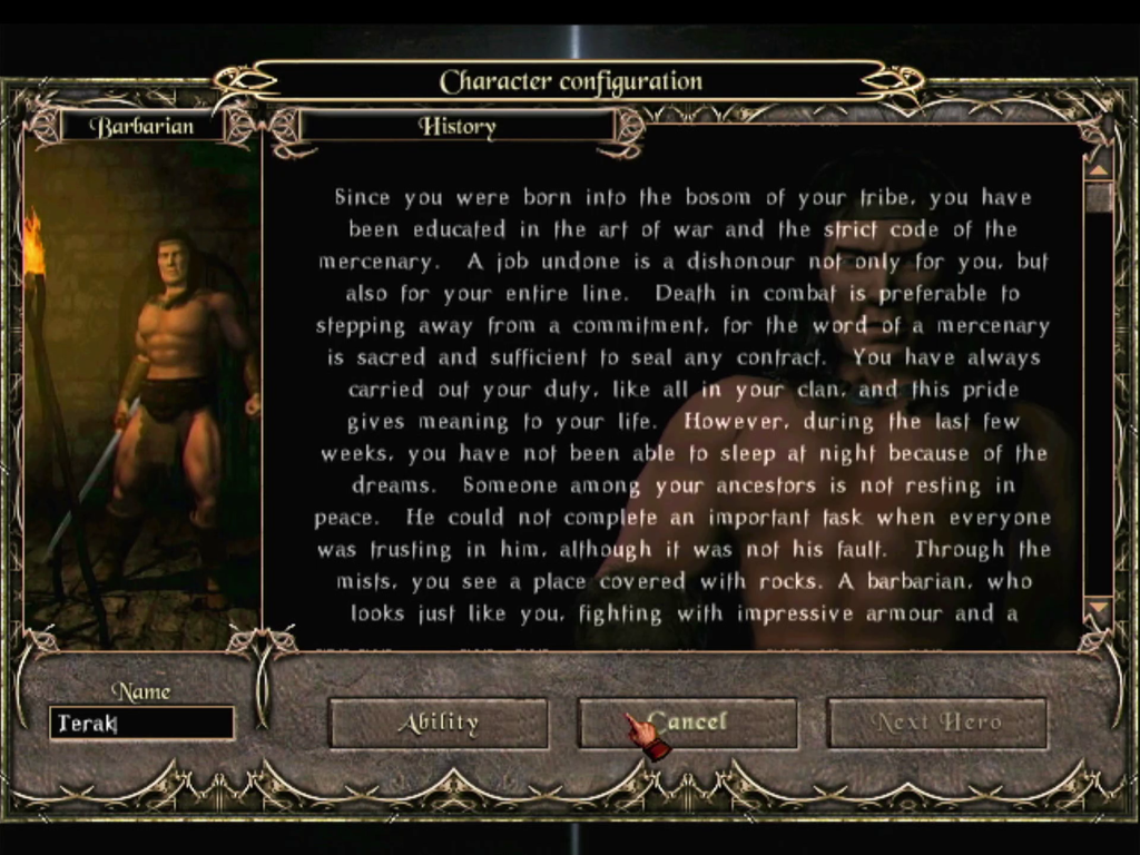 Screenshot from the game Nightstone. Description of warrior in a character creation.