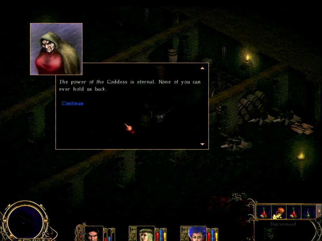 Screenshot from the game Nightstone. Fat old evil lady tells you that the power of the Goddess is eternal.