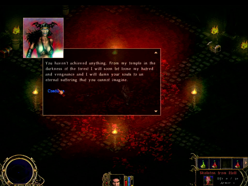 Screenshot from the game Nightstone. Dark Lady tells you that she will damn your souls.