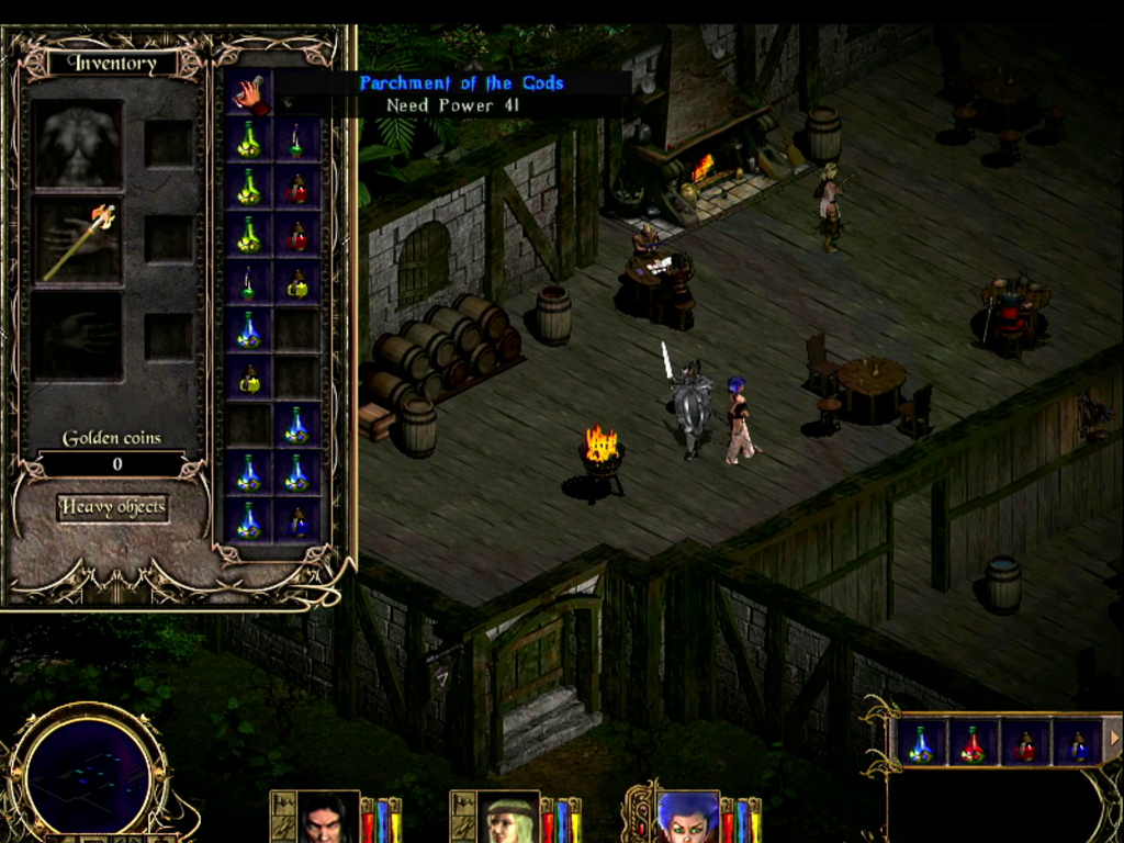 Screenshot from the game Nightstone. User points out "Parchment of the Gods" in the inventory. Sounds like a confusing name with no information on what it does.