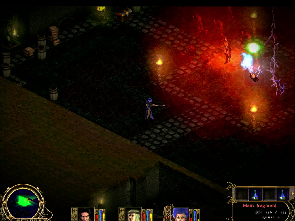 Dark lady surrounded by hellish skeletons. Some barrels in the corner. Mage attacks the Great Dark Stone from the distance. Screenshot from the game Nightstone.