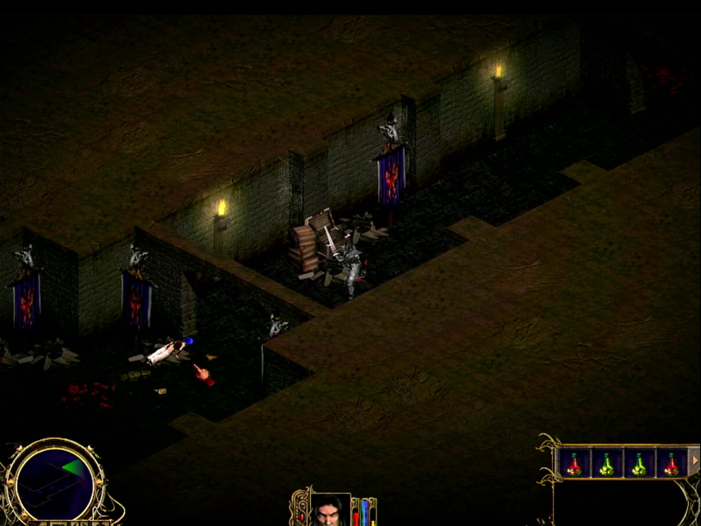 Screenshot from the game Nightstone. Warriors runs the the hall from the Dark Lady