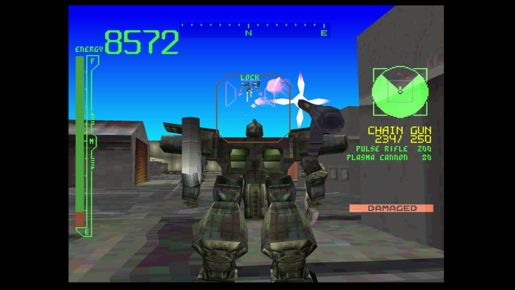 Heavy robot shoots other heavy robot with a chain gun. Screenshot from Armored Core.