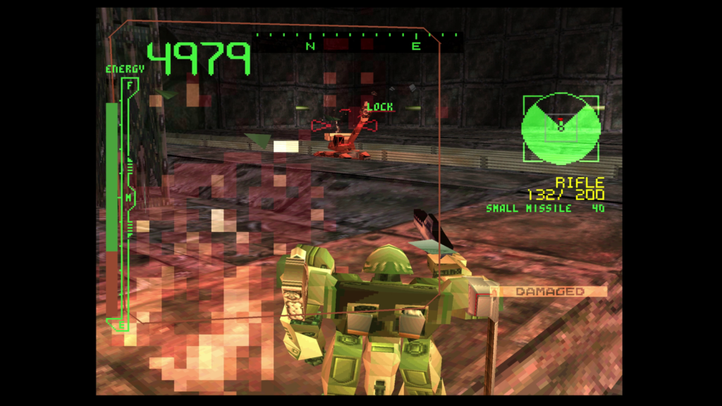 Basic robot shoots into crane equipped with a cannon. Screenshot from Armored Core.
