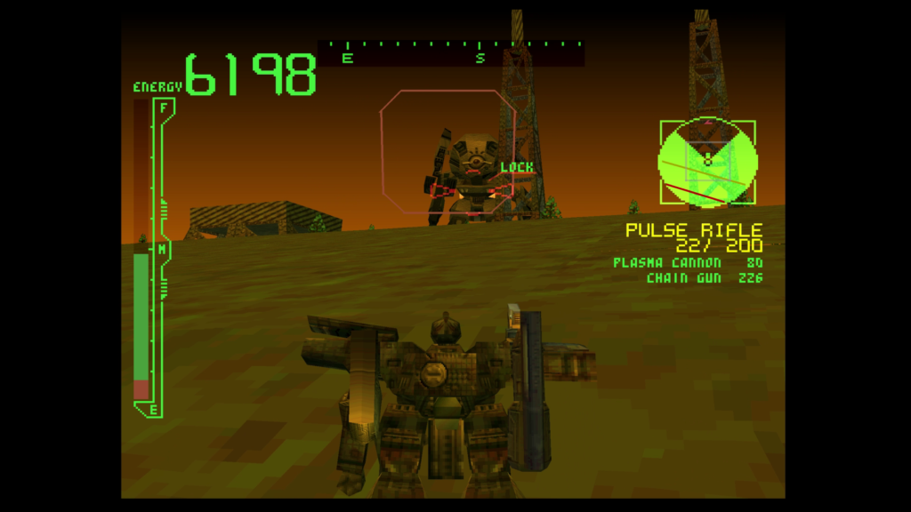 Battle against giant "Monster" AC made by Chrome. Screenshot from Armored Core.