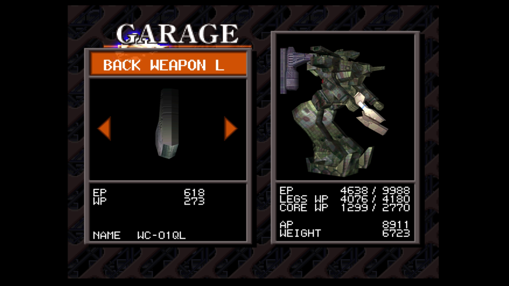 Garage with AC setup. Screenshot from Armored Core.
