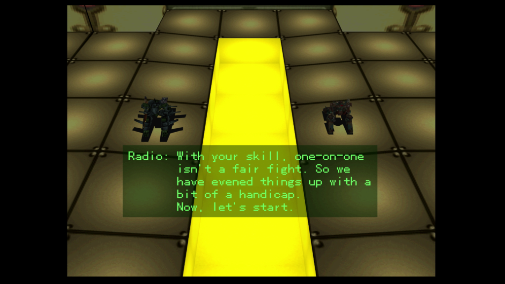 Camera presents an enemy in the arena fight mission in the game. Screenshot from Armored Core.