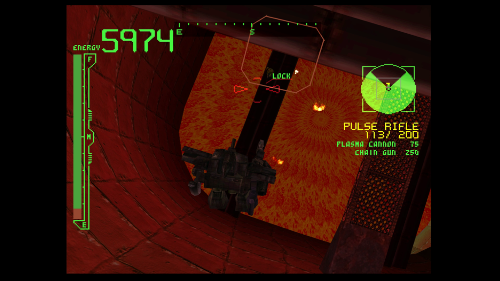 Robot flying inside a giant furnace. Screenshot from Armored Core.