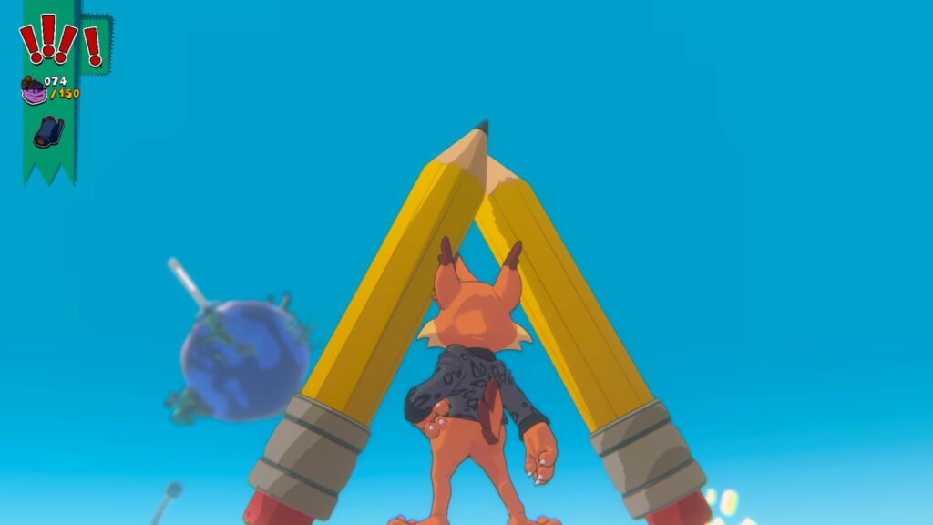 Screenshot from Bubsy 4D - Bubsy looks at two pencils crossed to form an arc