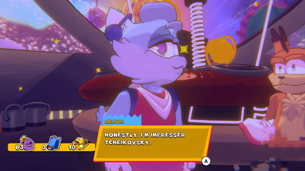 Screenshot from Bubsy 4D where Oblivia is impressed