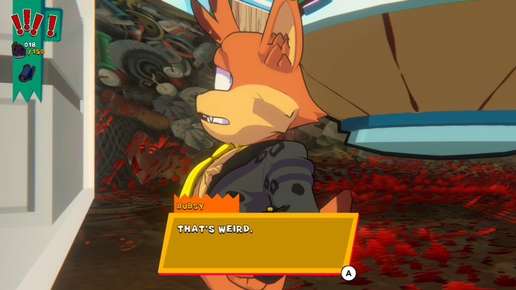 Screenshot from Bubsy 4D - Bubsy says "That's weird"