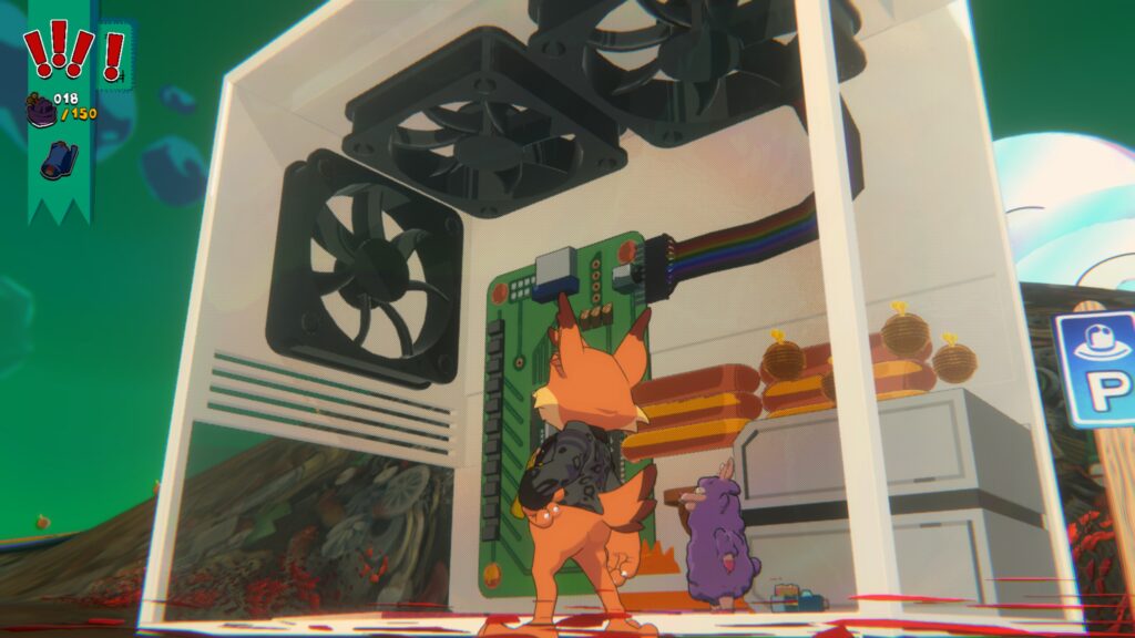 Screenshot from Bubsy 4D with a giant computer case