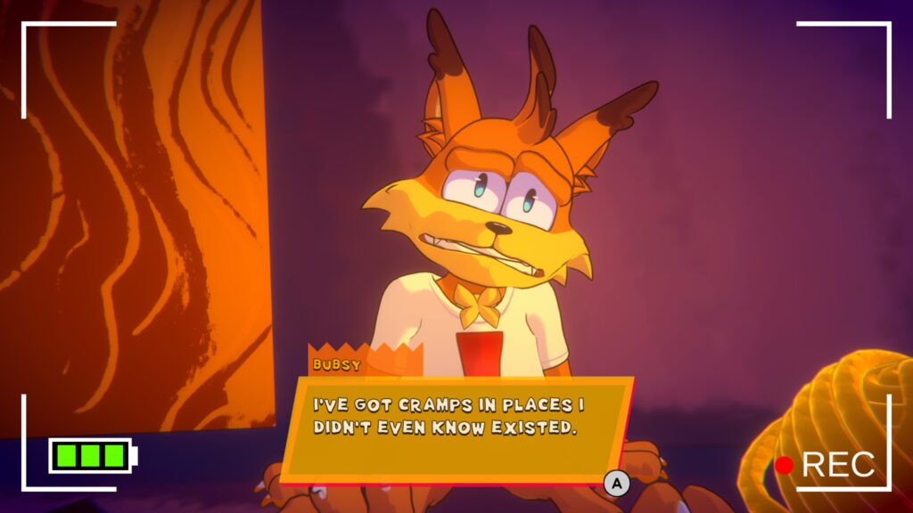 Screenshot from Bubsy 4D where Bubsy feels cramps in all of his places