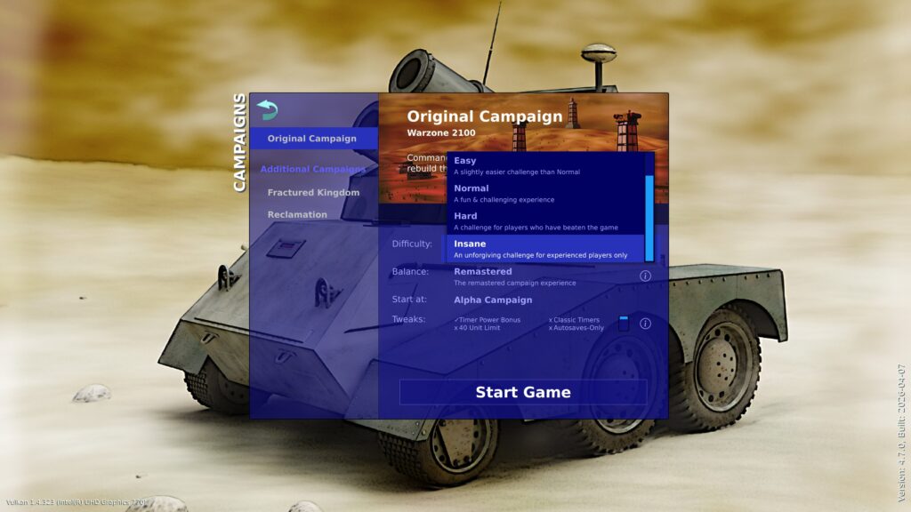 Warzone 2100 main menu with difficulty selector