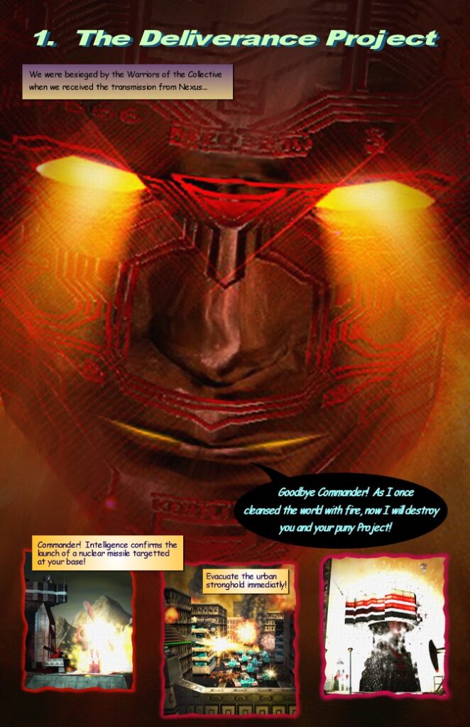 Warzone 2100 comix page 2. Big face of Nexus in the middle. He threatens the player with nuclear strike.
