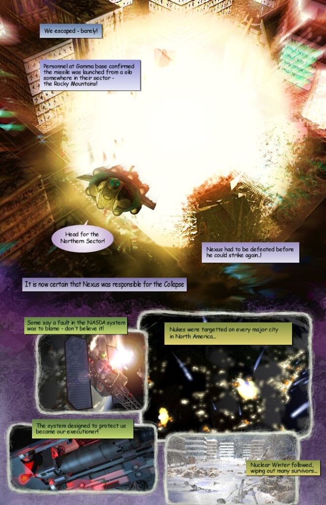 Warzone 2100 comix page 3. Player's transport is escaping a big explosion.