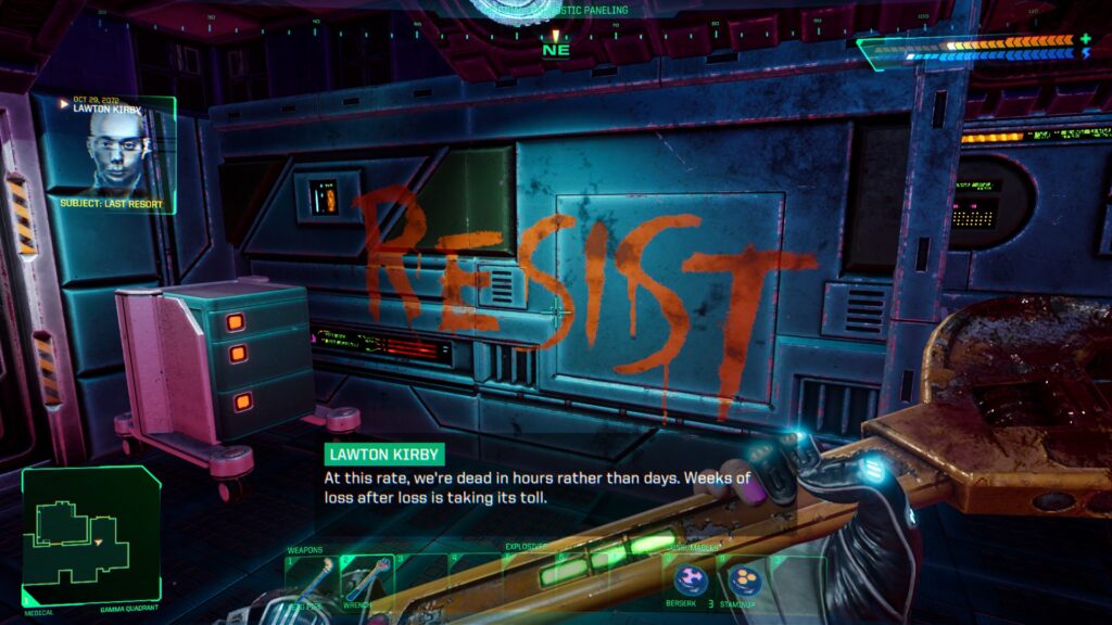 Graffiti on the wall encourages player to resist in the game System Shock