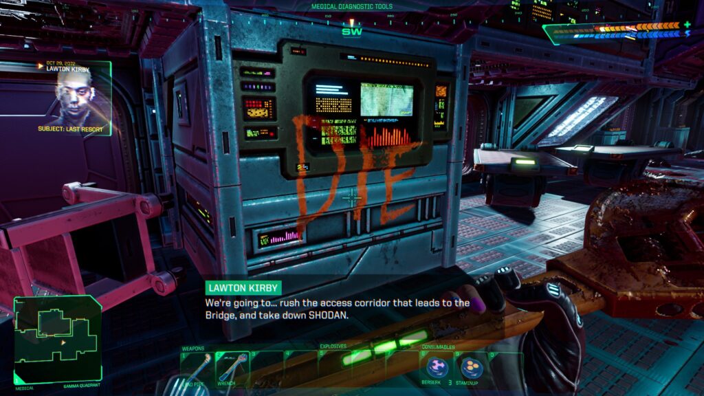 Game System Shock. Graffiti on the wall says "DIE"