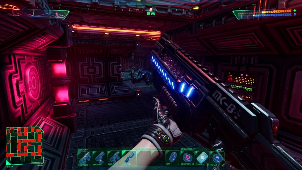 Player observes his railgun in the game System Shock
