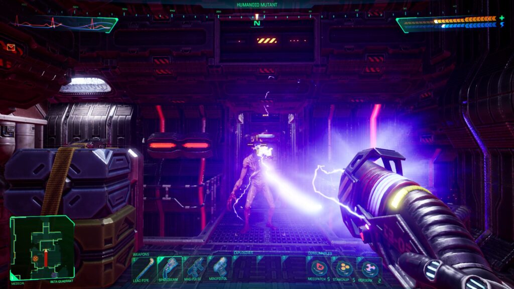 The player shoots an energy charge into the head of a ghoul in System Shock
