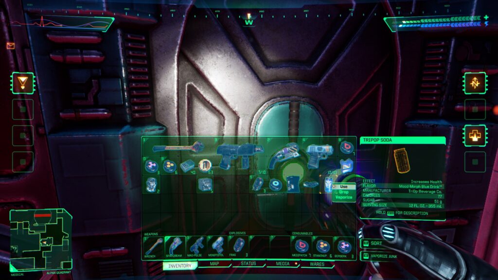Player is in the closet room. He is eating snacks. The game is System Shock