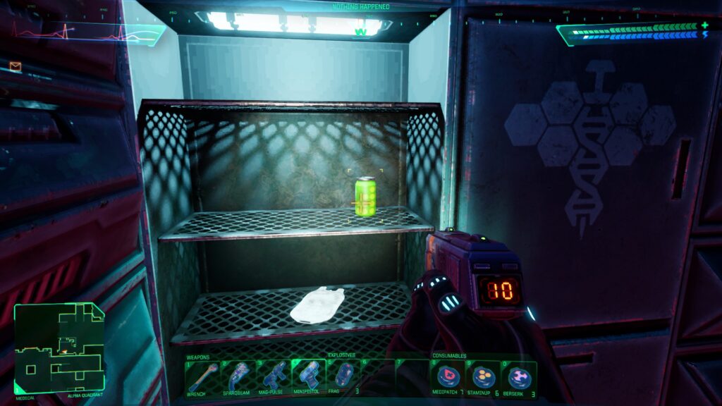 Player considers to pick up a can of soda in the game System Shock