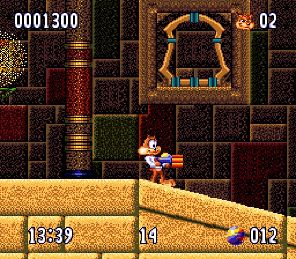 Bubsy is ready to shoot his machine gun