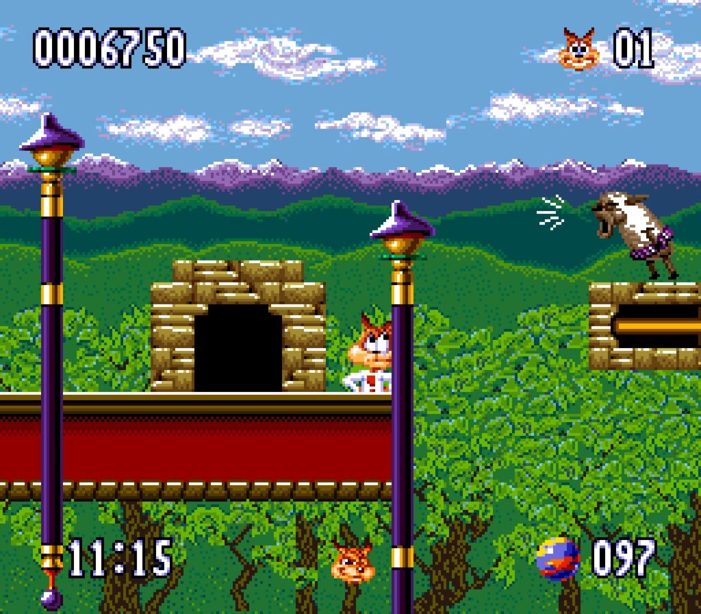 Bubsy looks at an aggressive ship that tried to attack him with sound blasts