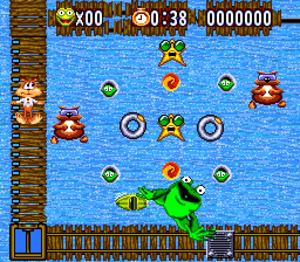 Bubsy throws a frog into a pool