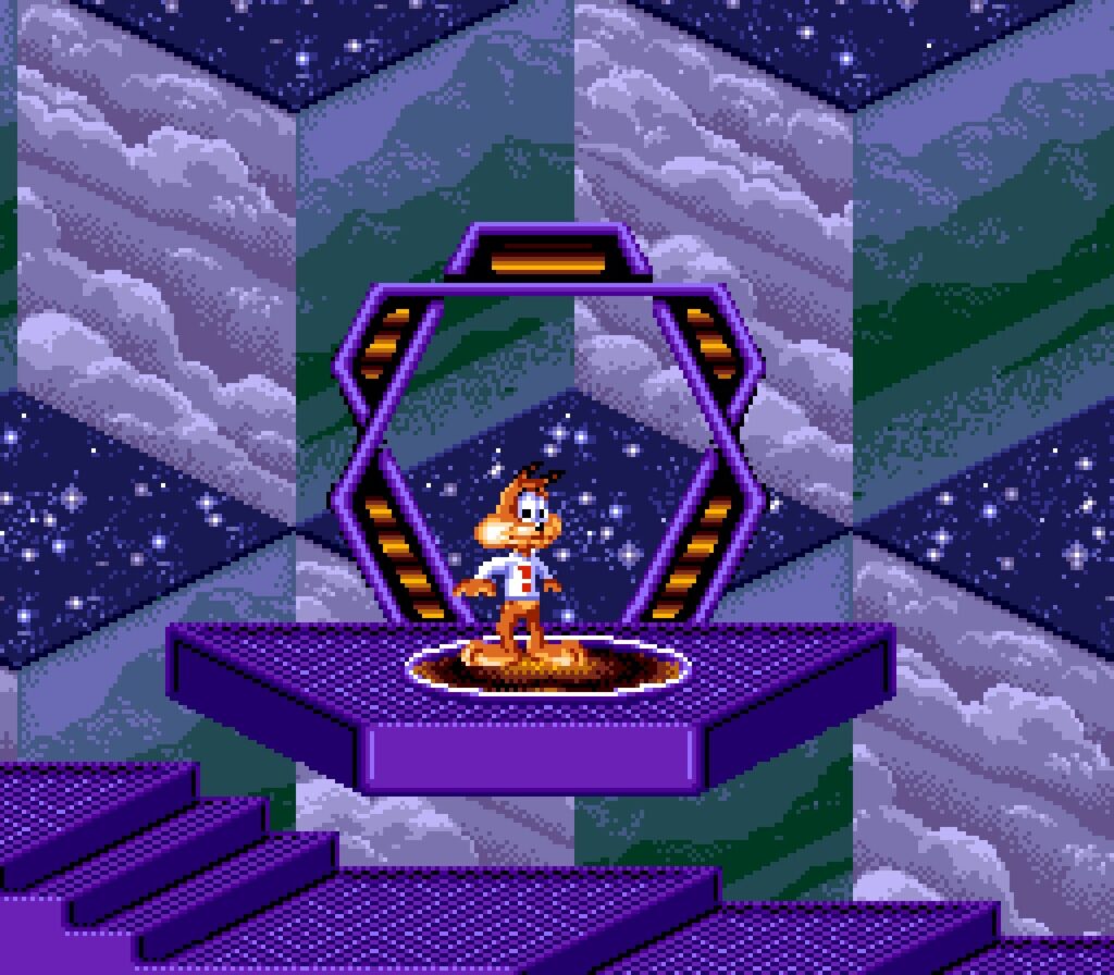 Bubsy stands at the teleporter to the boss at the hub