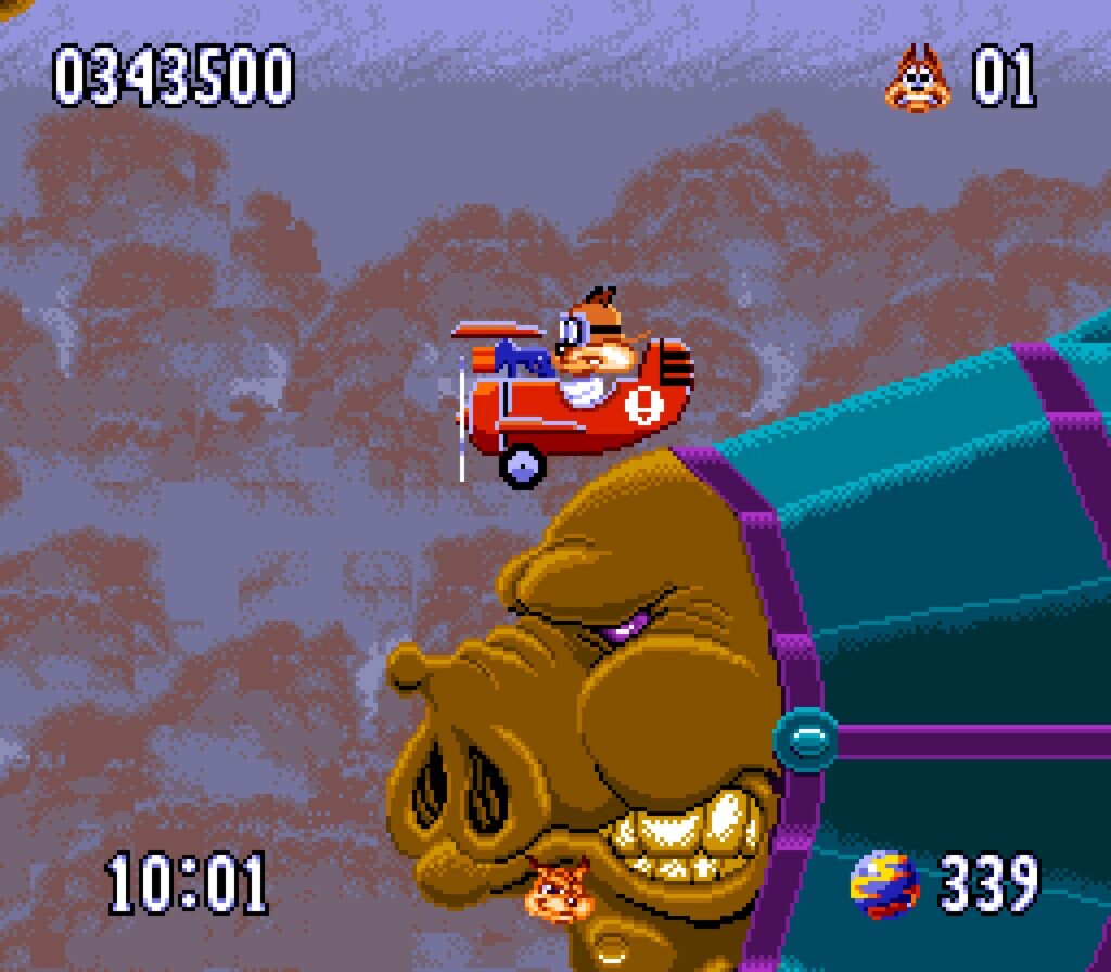Bubsy is a badass pilot. He is in the airplanes, ready to shoot his machine gun. Capitalistic airship is in the background.