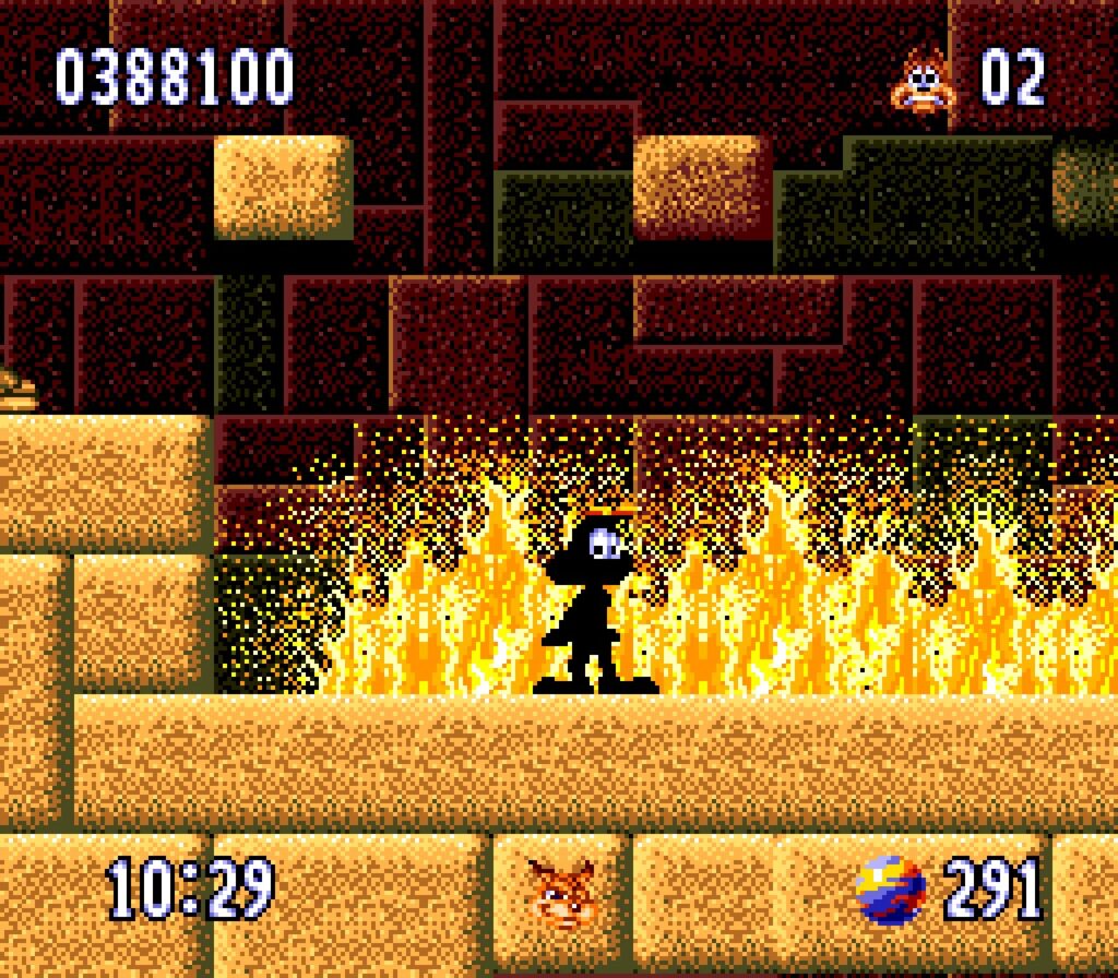 Bubsy was burned by fire at Egypt themed level. He is all black. Looking at the player with judgment in his eyes