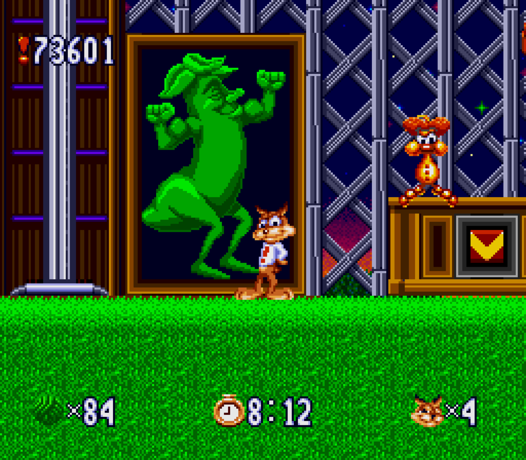 Green banana in the background with muscles in the game Bubsy in Claws Encounters of the furred kind