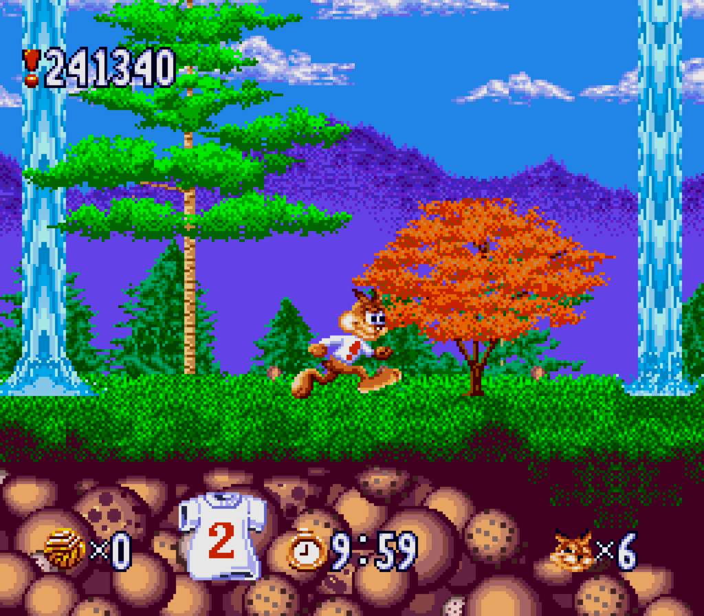 Bubsy is running among waterfalls in the game Bubsy in Claws Encounters of the furred kind