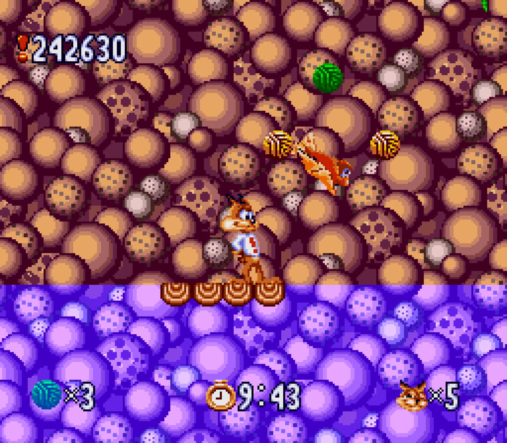 Bubsy is watching deadly fish on a deadly level in the game Bubsy in Claws Encounters of the furred kind