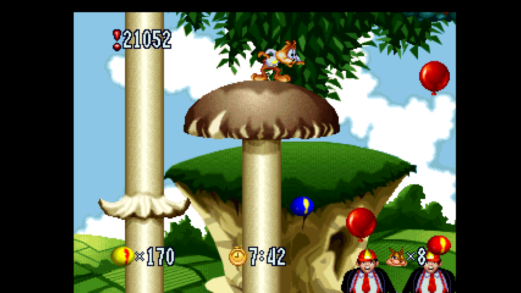 Screenshot from Bubsy in Fractured Furry Tales released on Atari Jaguar. Bubsy is looking at red balloon in horror