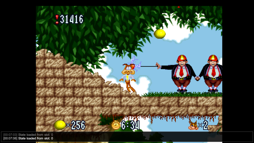 Screenshot from Bubsy in Fractured Furry Tales released on Atari Jaguar. Bubsy is killed by weird kids.
