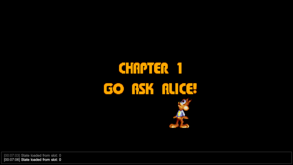 Screenshot from Bubsy in Fractured Furry Tales released on Atari Jaguar. Chapter 1 Go Ask Alice