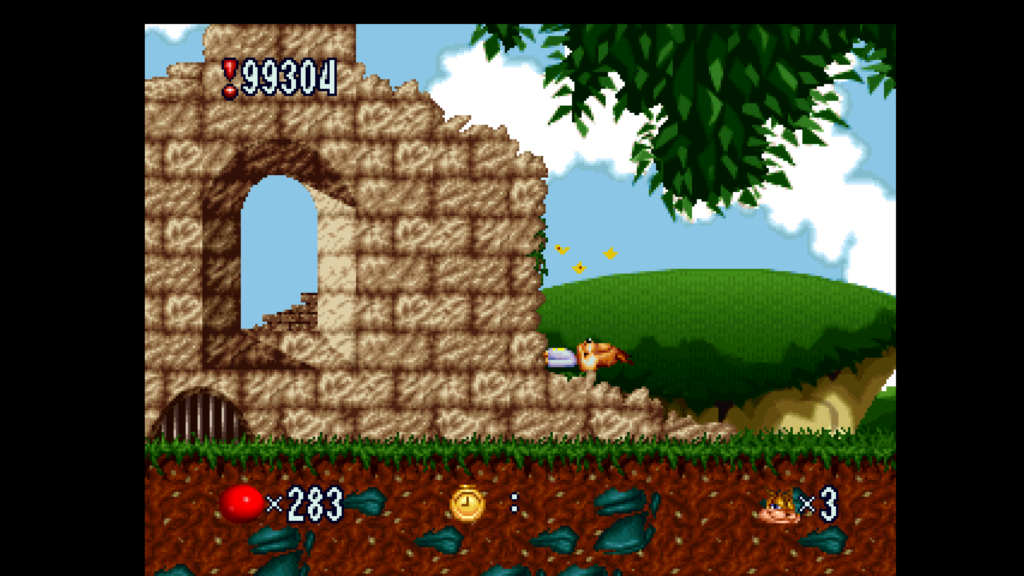 Screenshot from Bubsy in Fractured Furry Tales released on Atari Jaguar. Bubsy hit the wall on high speed.