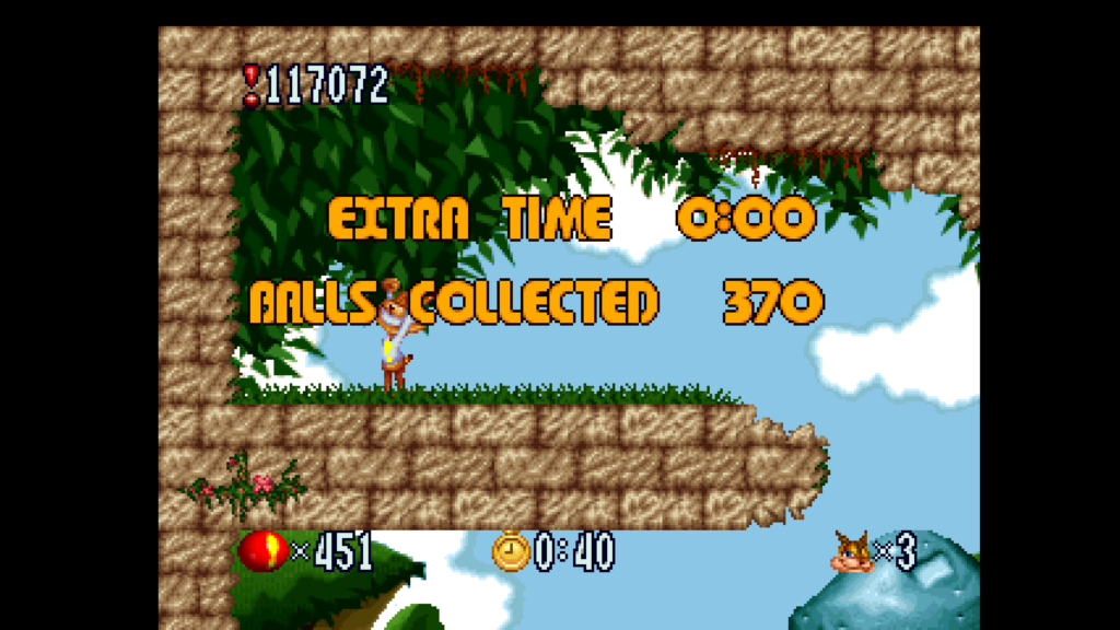 Screenshot from Bubsy in Fractured Furry Tales released on Atari Jaguar. Bubsy completed the level and collected 370 balls