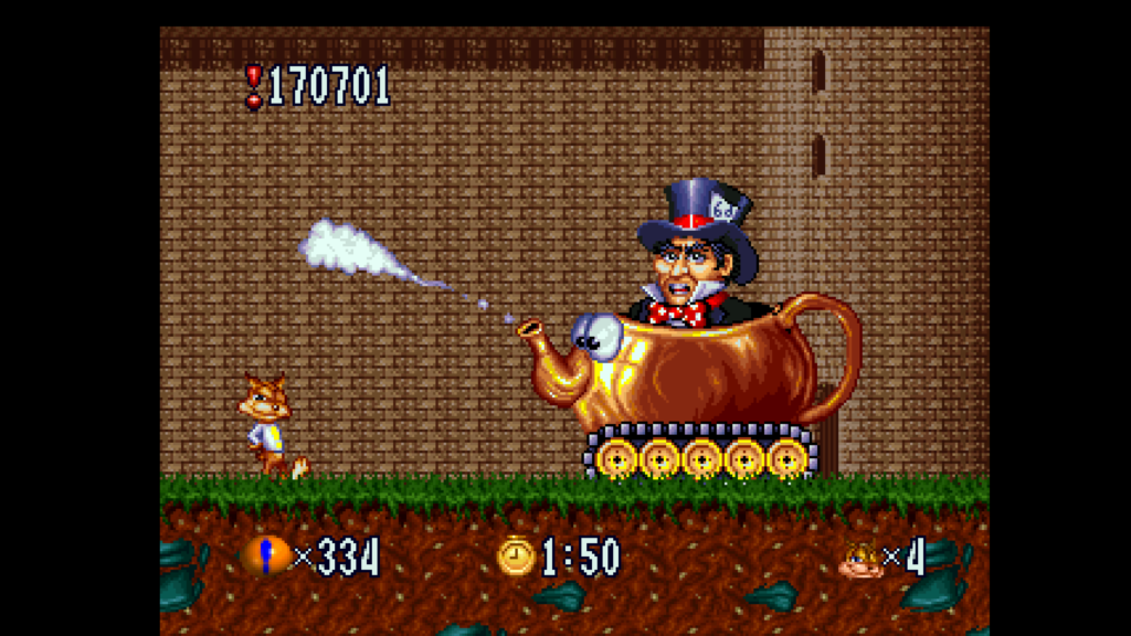 Screenshot from Bubsy in Fractured Furry Tales released on Atari Jaguar. Bubsy fights The Hatter.