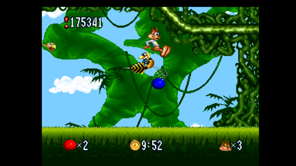 Screenshot from Bubsy in Fractured Furry Tales released on Atari Jaguar. Bubsy is jumping over a hornet enemy