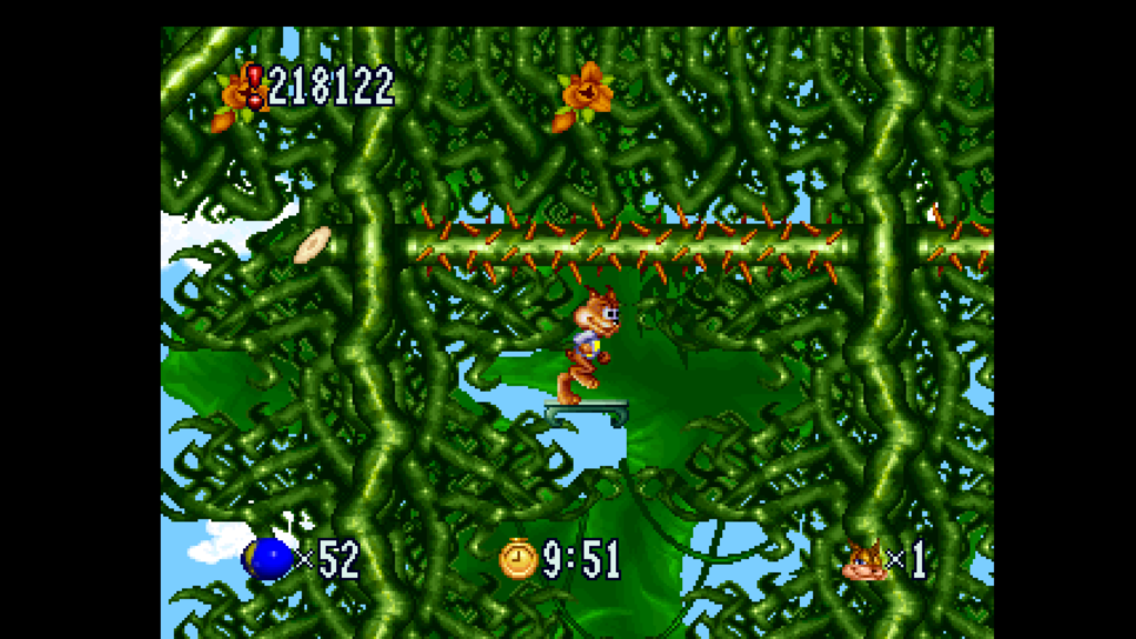 Screenshot from Bubsy in Fractured Furry Tales released on Atari Jaguar. Bubsy is being devastated by spikes