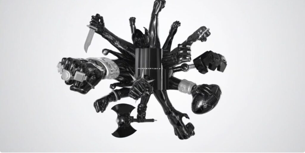 Black hands on white background coming out from PS 3. PS 3 commercial